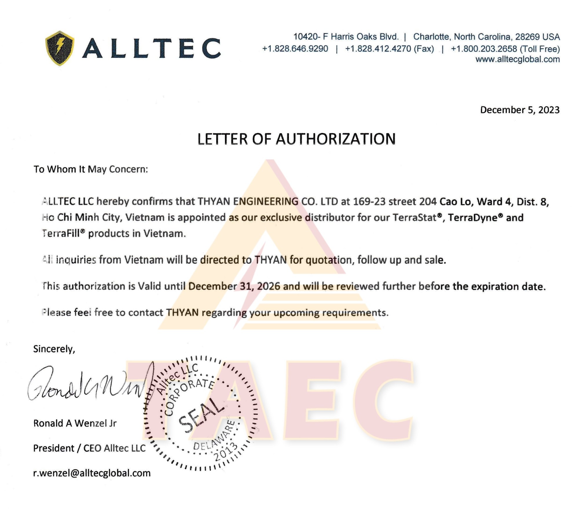 Authorized distributor of Alltec LLC for TAEC VietNam