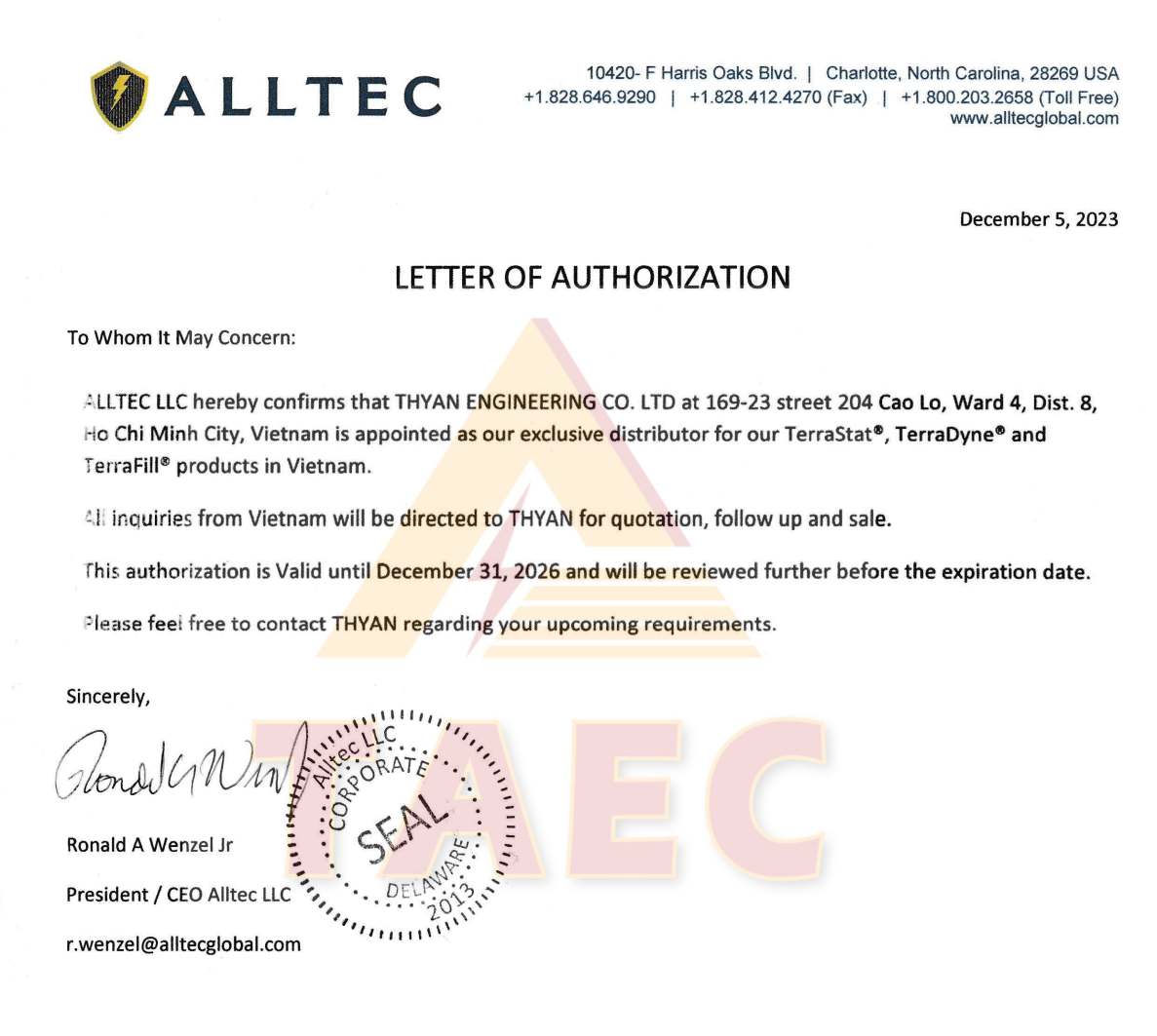 Chứng nhận Nhà phân phối của Alltec USA tại Việt nam cho ThyAn TAEC 2024-2026