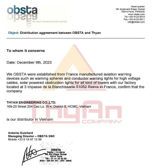 Giấy chứng nhận ThyAn là nhà phân phối sản phẩm đèn báo không OBSTA