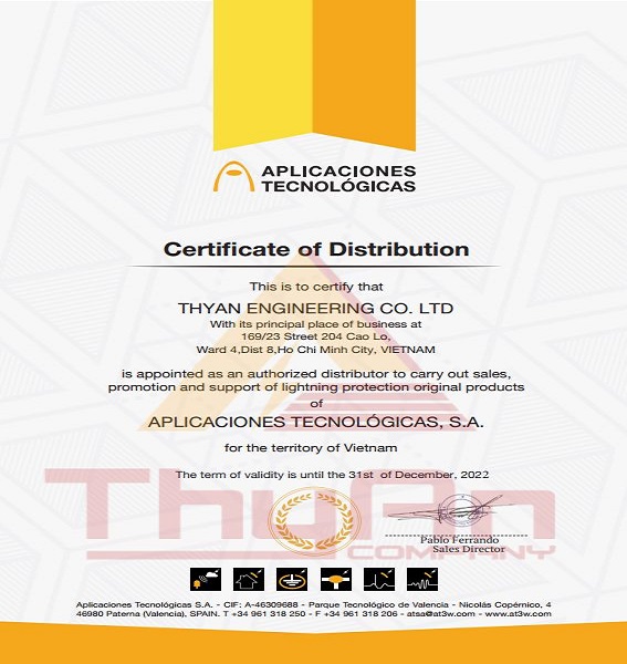 Giấy chứng nhận Nhà phân phối ThyAn của AT - Aplicaciones Tecnologicas cho thị trường Việt nam