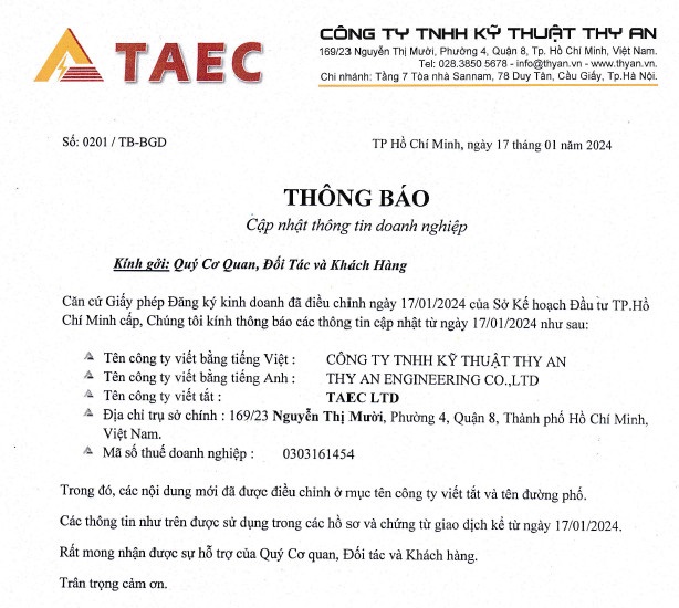 Thông báo cập nhật thông tin Công ty Kỹ thuật Thy An - TAEC