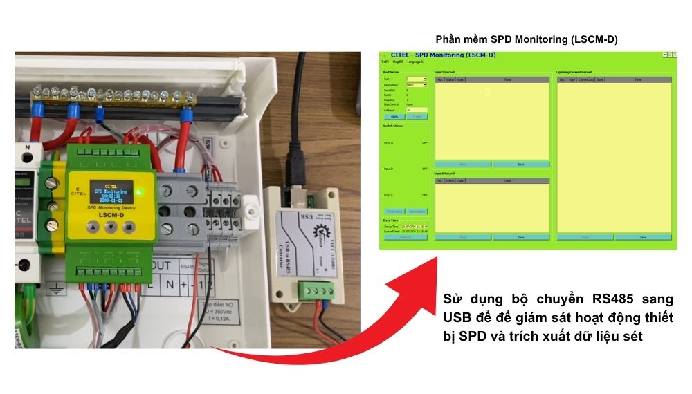 Máy tính kết nối với bộ đếm sét LSCM-D thông qua bộ chuyển đổi RS485 USB