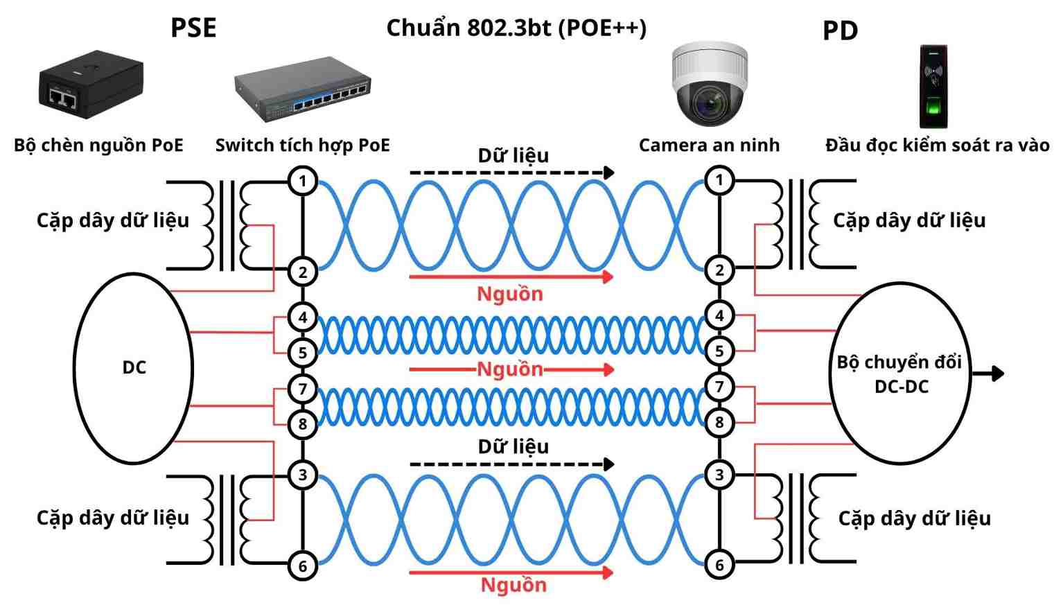 Sơ đồ mình họa cách nguồn điện và dữ liệu được truyền qua cùng một cáp Ethernet để cấp nguồn cho các thiết bị như camera an ninh, đầu đọc kiểm soát ra vào, máy in, màng hình Led