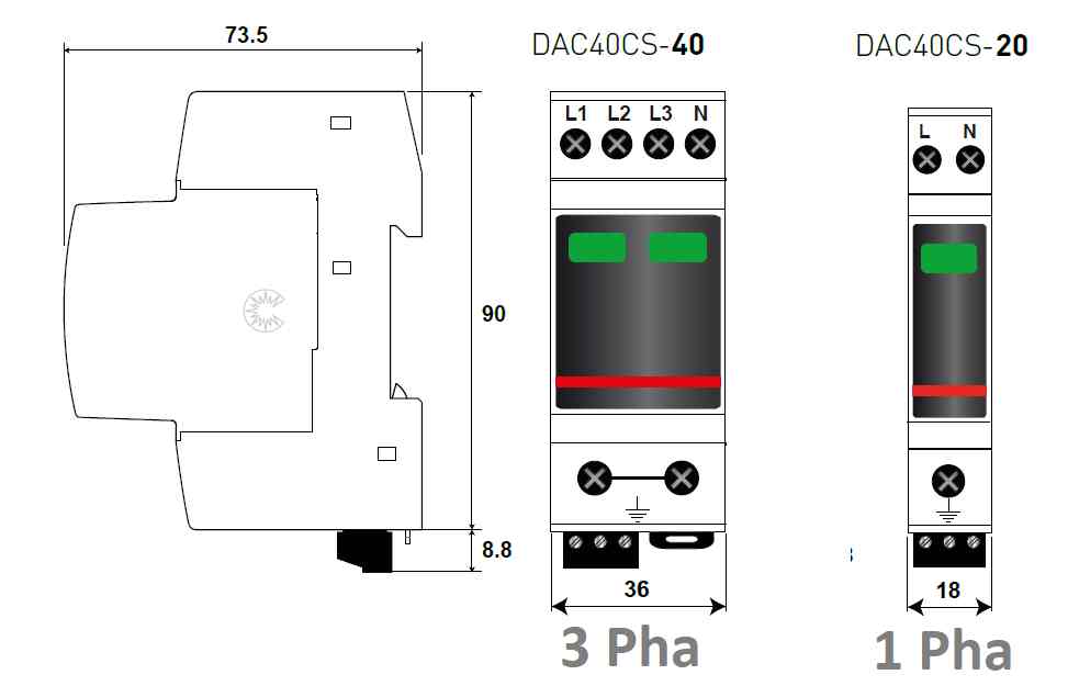 Kích thước của dòng CB tép chống sét 1 và 3 pha DAC40C