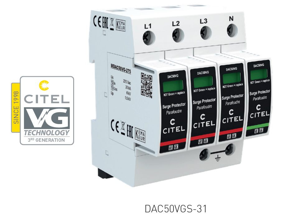 DAC50VGS-31-275 Chống sét 3 pha Type 2+3 (3P+N, 50kA, VG, cảnh báo từ xa)