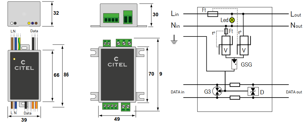 Cấu tạo thiết bị chống sét tích hợp đường nguồn & dữ liệu đèn Led model MLP1-230L-W/DL và MLP1-230L-P/DL 