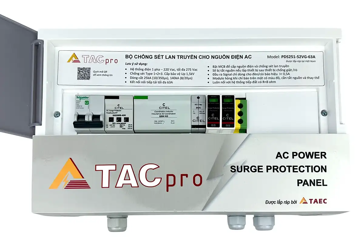 PDS251-52VG-63A: single-phase surge and filter protection panel-63A (Type 1+2+3, Iimp 25kA, Imax 140kA, L/C)
