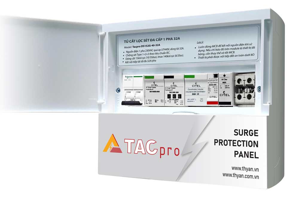 PDS152G-40-32A Type 1+2 single-phase coordinated AC surge and filter protection panel