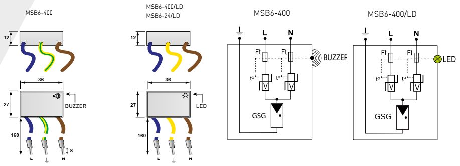 Kích thước và cấu tạo mạch bảo vệ chống sét của dòng sản phẩm MSB6