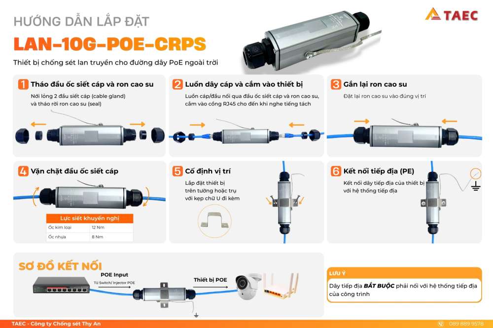 Hướng dẫn lắp đặt Thiết bị chống sét LAN-10G-POE-CRPS