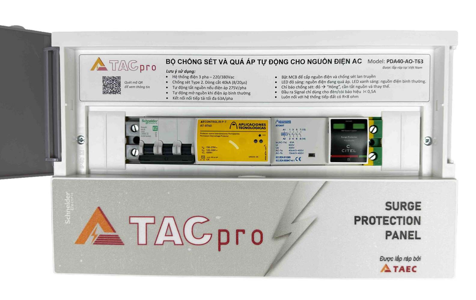 PDA40-AO-T63 Tủ Chống sét và Quá áp Tự động 3P-63A (4P, 275V, Type 2, 40kA) 